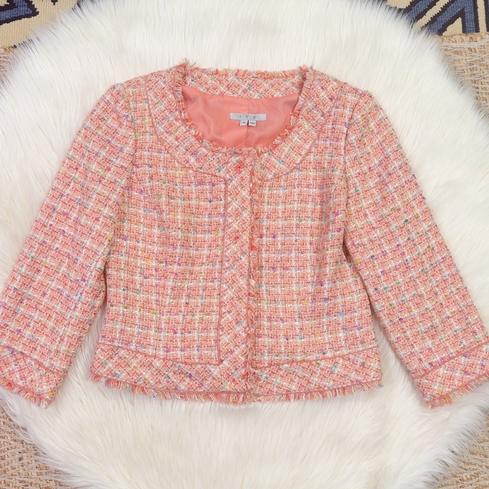 Ice Women's Pink Multi Fringe Silk Blend Tweed Short Blazer Jacket Size 8 - Picture 5 of 9